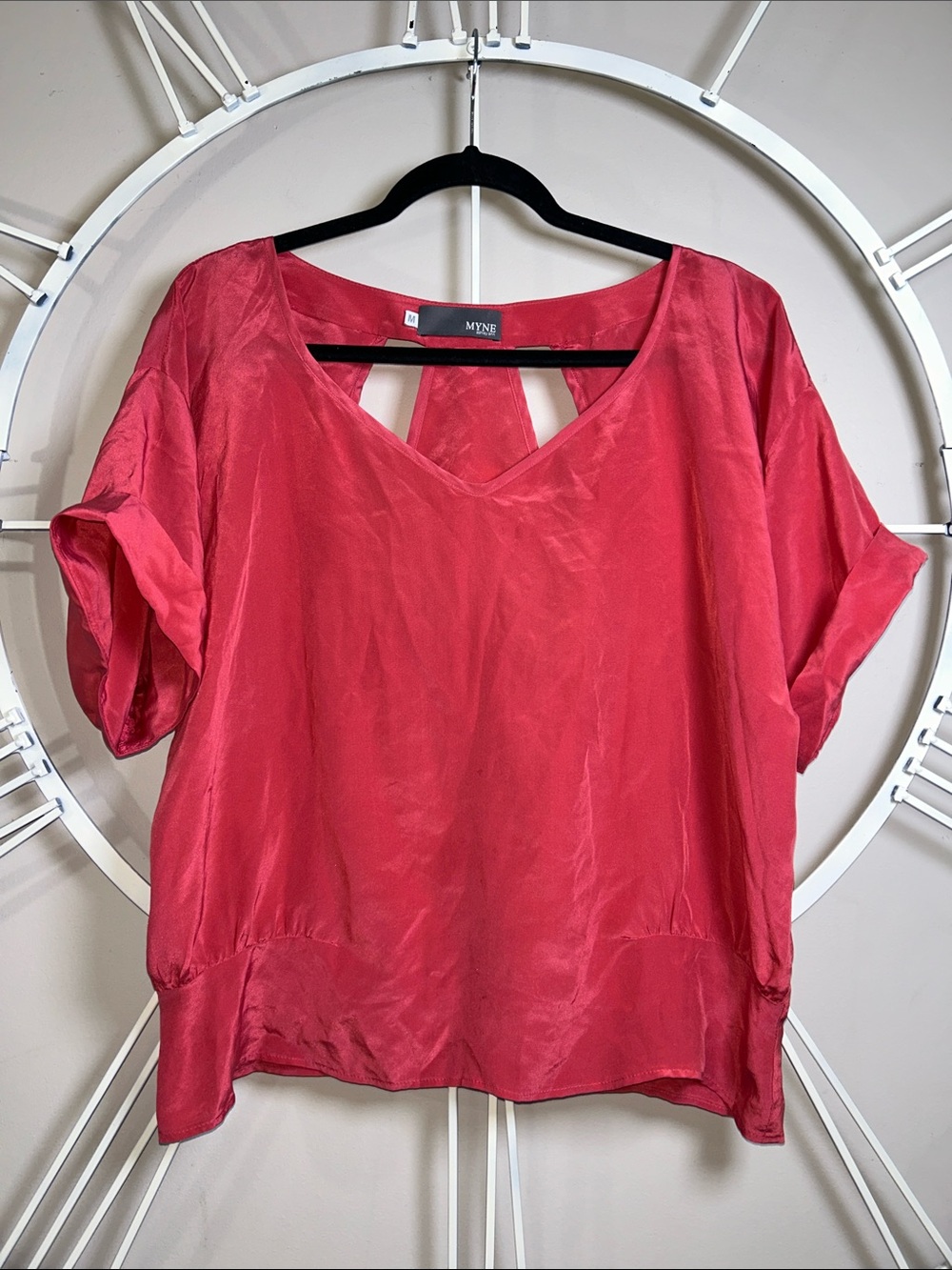 MYNE 100% Silk V-Neck Short Sleeve Blouse w/ Back Keyhole in Coral Pink